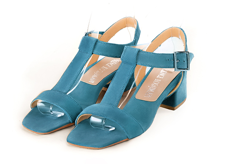 Peacock blue women's fully open sandals, with an instep strap. Square toe. Low flare heels. Front view - Florence KOOIJMAN